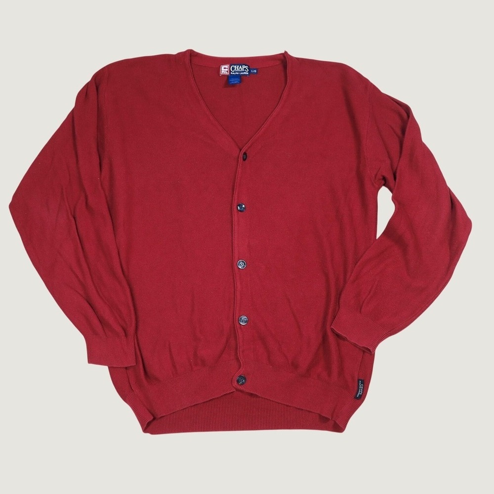 Chaps Ralph Lauren Cardigan Mens Large Red V-Neck Button Front Cotton Sweater